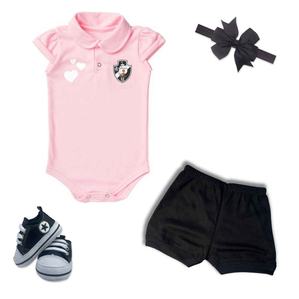 Kit Luxo Body Rosa Vasco Com Tênis, Shorts/Calça e Laço