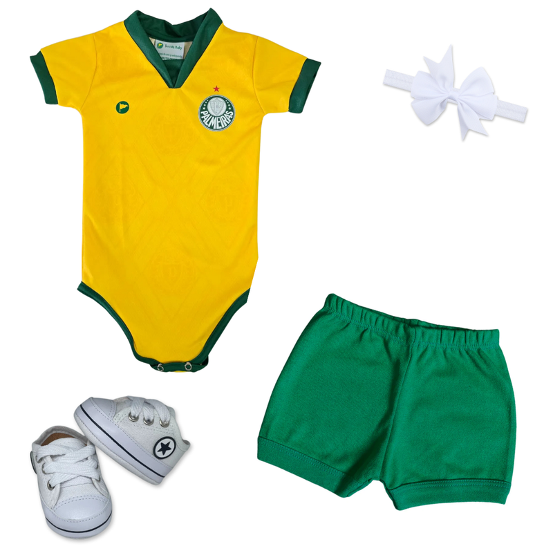 Kit Luxo Body Amarelo Premium Palmeiras Com Tênis, Shorts/Calça e Laço