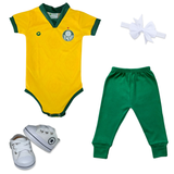 Kit Luxo Body Amarelo Premium Palmeiras Com Tênis, Shorts/Calça e Laço