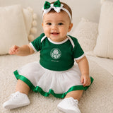 Kit Luxo Body Bebê Verde Palmeiras Menina – Saia, Tênis e Laço