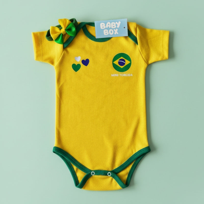 Kit Luxo Body Personalizado Brasil Amarelo e Verde Com Tênis, Saia e Laço