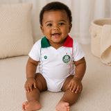 Body Bebê Oficial Proteção UV Branco Gola Verde e Vermelha Palmeiras – Personalizado com Nome e Número