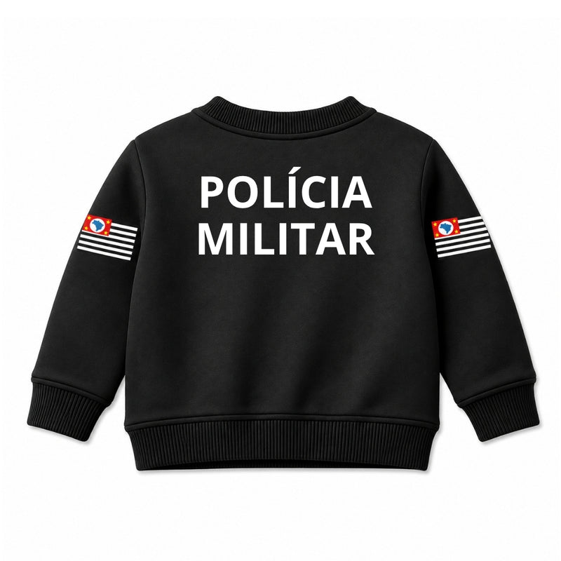 Blusa Moletom Infantil Bebê Gola Careca Preto Tema Polícia Militar PM Personalizado com Nome