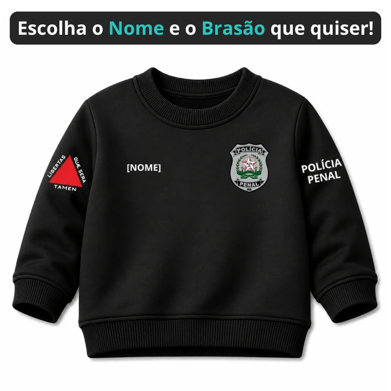 Blusa Moletom Infantil Bebê Gola Careca Preto Tema Polícia Penal Personalizado com Nome
