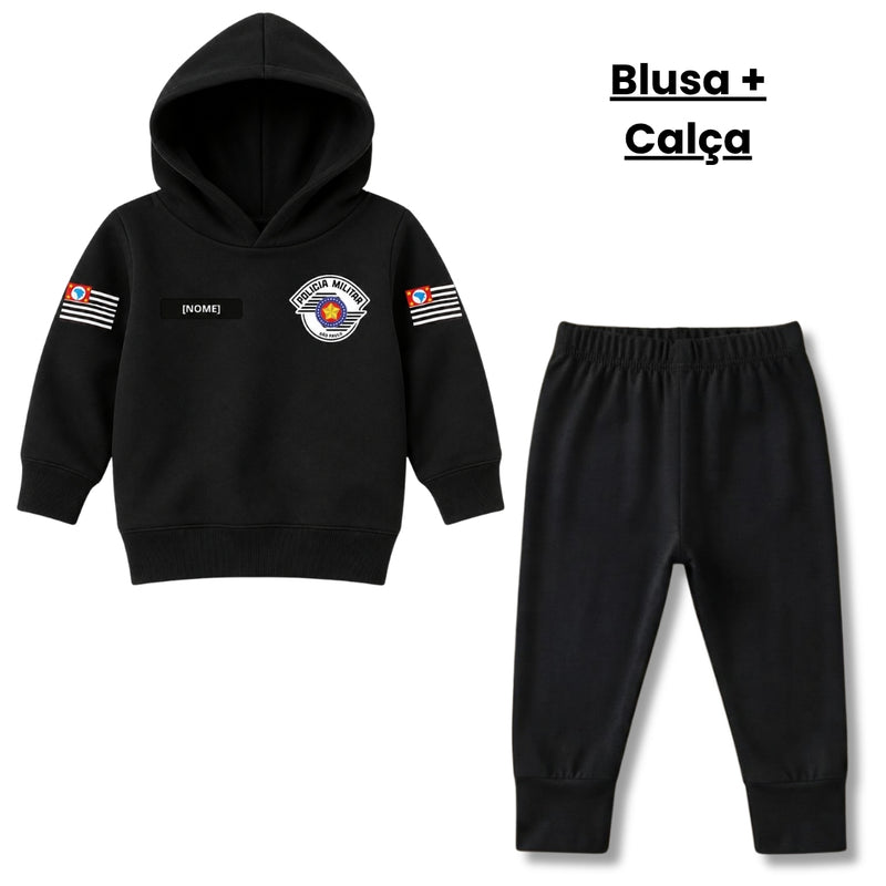 Blusa Moletom Infantil Bebê Com Capuz Preto Tema Polícia Militar PM Personalizado com Nome