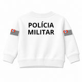 Blusa Moletom Infantil Bebê Gola Careca Branco Tema Polícia Militar PM Personalizado com Nome