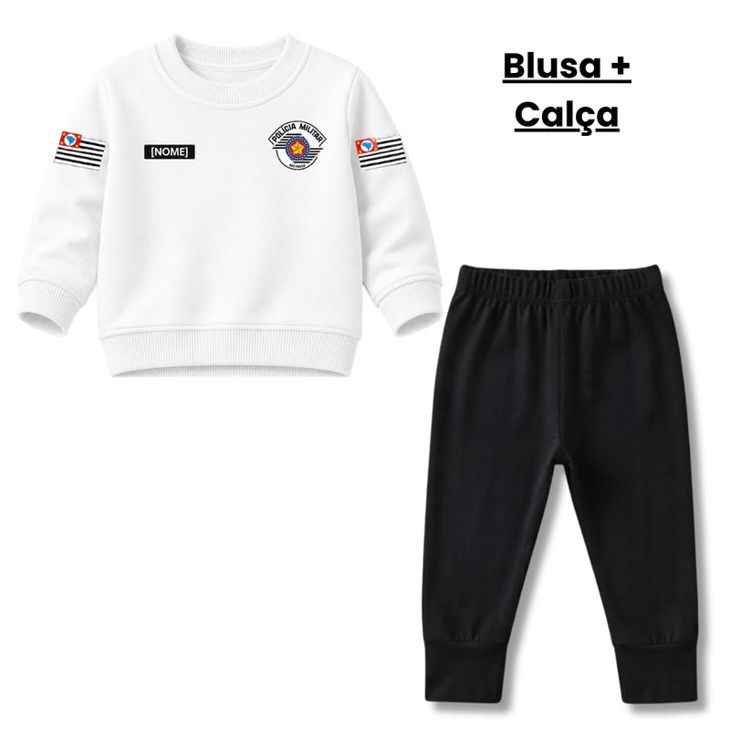Blusa Moletom Infantil Bebê Gola Careca Branco Tema Polícia Militar PM Personalizado com Nome