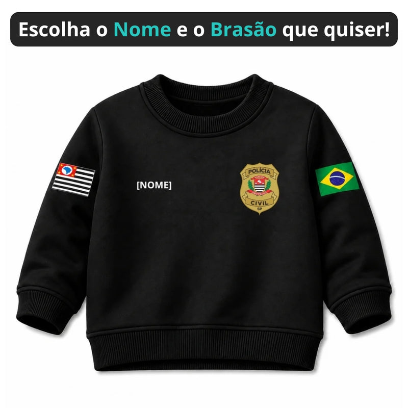 Blusa Moletom Infantil Bebê Gola Careca Preto Tema Polícia Civil PC Personalizado com Nome