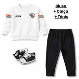 Blusa Moletom Infantil Bebê Gola Careca Branco Tema Polícia Militar PM Personalizado com Nome
