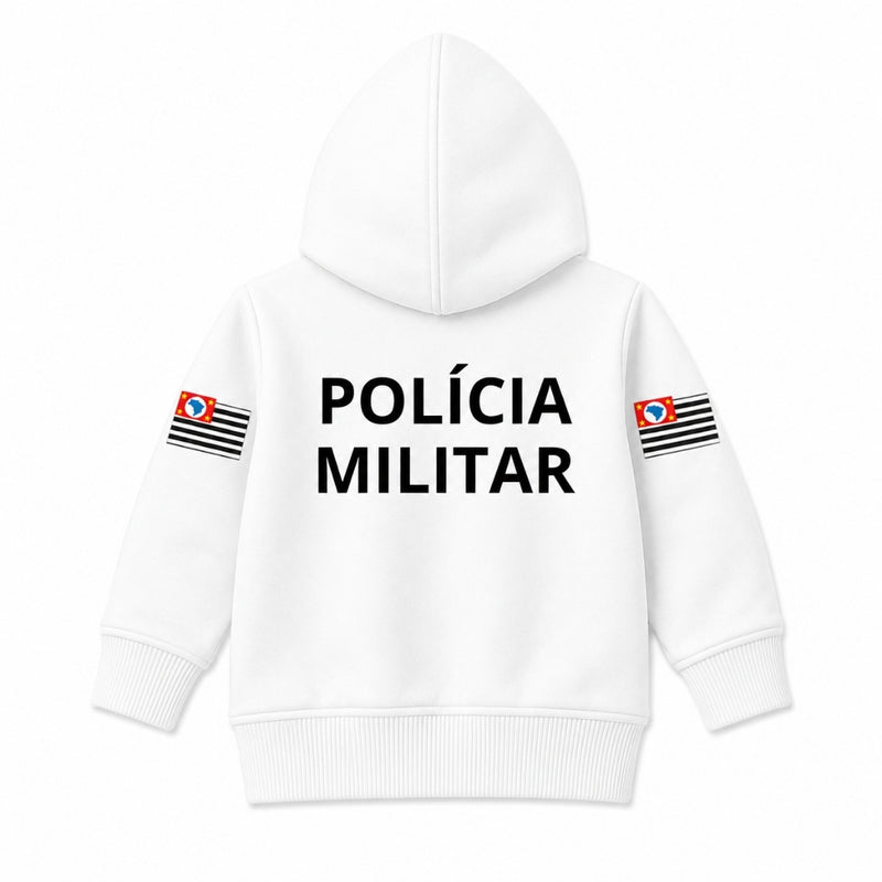 Blusa Moletom Infantil Bebê Com Capuz Branco Tema Polícia Militar PM Personalizado com Nome