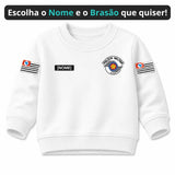 Blusa Moletom Infantil Bebê Gola Careca Branco Tema Polícia Militar PM Personalizado com Nome