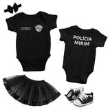 Body Bebê Preto da PM Polícia Militar Personalizado com Nome e Brasão do Estado