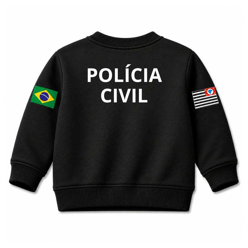 Blusa Moletom Infantil Bebê Gola Careca Preto Tema Polícia Civil PC Personalizado com Nome