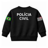 Blusa Moletom Infantil Bebê Gola Careca Preto Tema Polícia Civil PC Personalizado com Nome