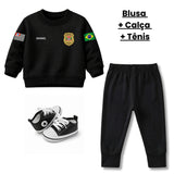 Blusa Moletom Infantil Bebê Gola Careca Preto Tema Polícia Civil PC Personalizado com Nome