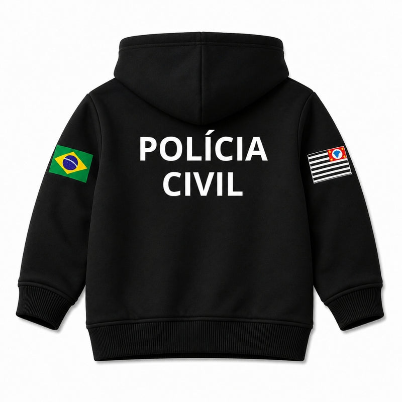 Blusa Moletom Infantil Bebê Com Capuz Preto Tema Polícia Civil PC Personalizado com Nome