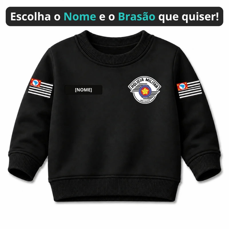 Blusa Moletom Infantil Bebê Gola Careca Preto Tema Polícia Militar PM Personalizado com Nome