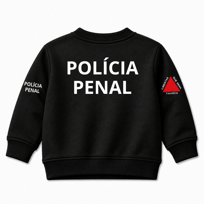 Blusa Moletom Infantil Bebê Gola Careca Preto Tema Polícia Penal Personalizado com Nome