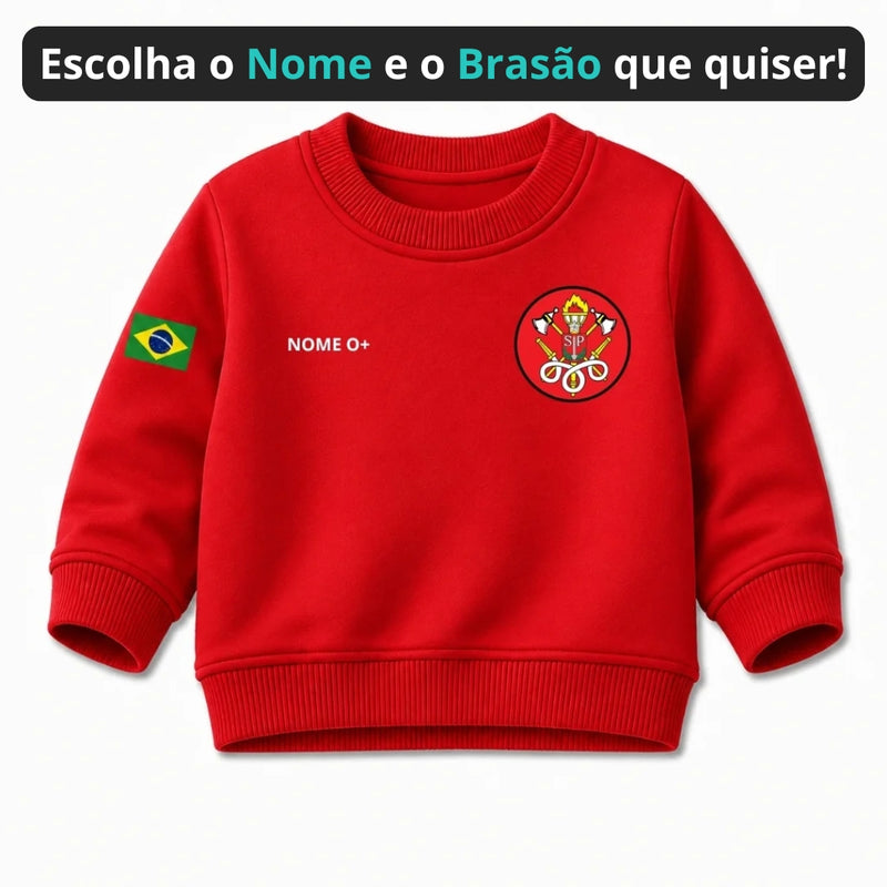 Blusa Moletom Infantil Bebê Gola Careca Vermelho Tema Corpo de Bombeiros Personalizado com Nome