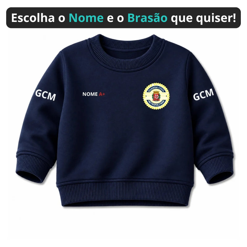 Blusa Moletom Infantil Bebê Gola Careca Marinho Tema Guarda Civil Municipal GCM Personalizado com Nome
