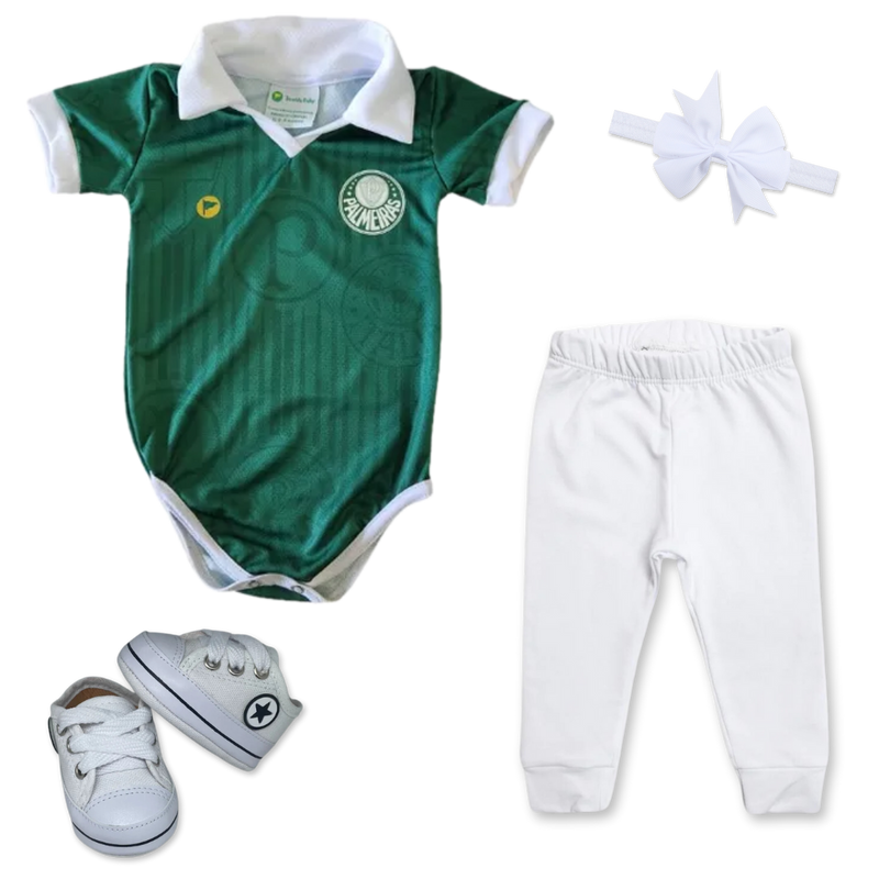 Kit Luxo Body Verde Proteção UV Palmeiras Com Tênis, Shorts/Calça e Laço