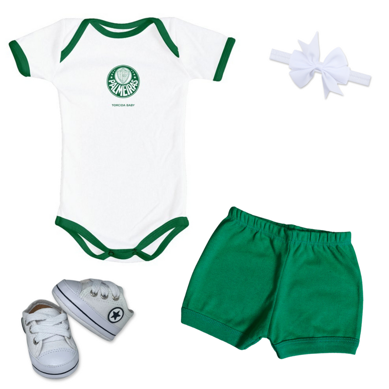 Kit Luxo Body Branco Palmeiras Com Tênis, Shorts/Calça e Laço
