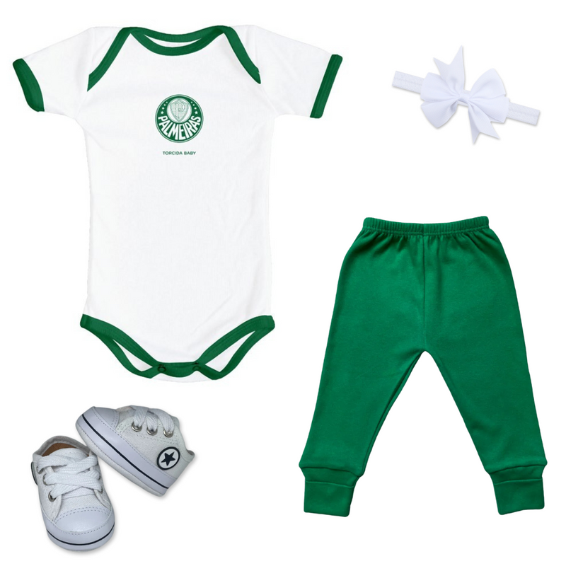 Kit Luxo Body Branco Palmeiras Com Tênis, Shorts/Calça e Laço
