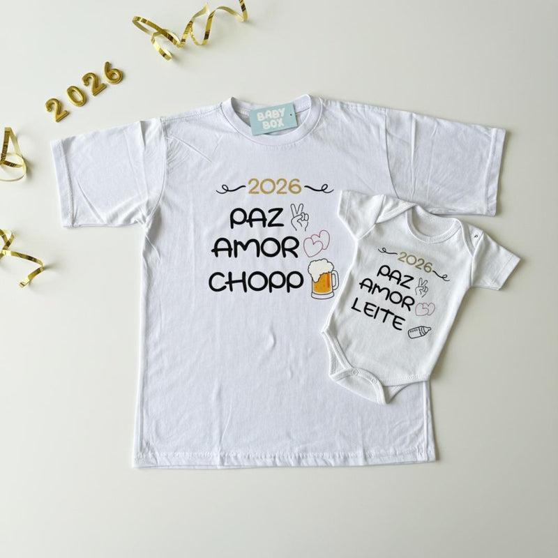 Kit Camiseta e Body Paz, Amor e Chopp/ Leite