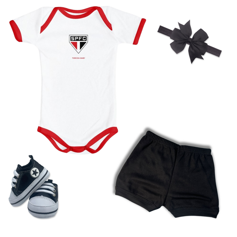 Kit Luxo Body Branco SPFC Com Shorts/Calça e Laço