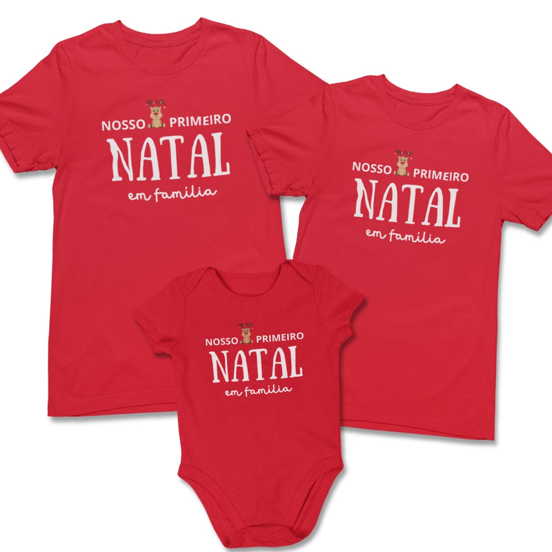 Kit Camiseta e Body Vermelho Nosso Primeiro Natal em Família -