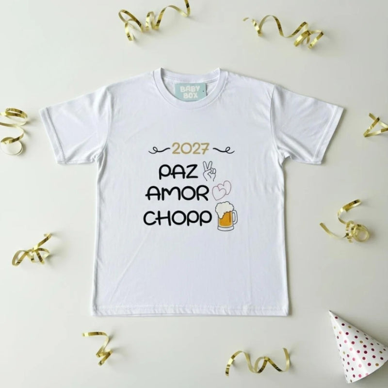 Kit Camiseta e Body Paz, Amor e Chopp/ Leite