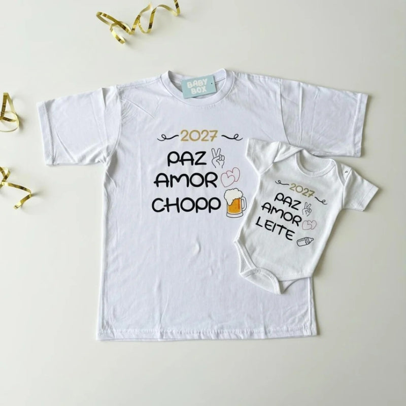 Kit Camiseta e Body Paz, Amor e Chopp/ Leite