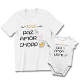 Conjunto Camiseta e Body de Bebê - Paz, Amor e Chopp/ Leite