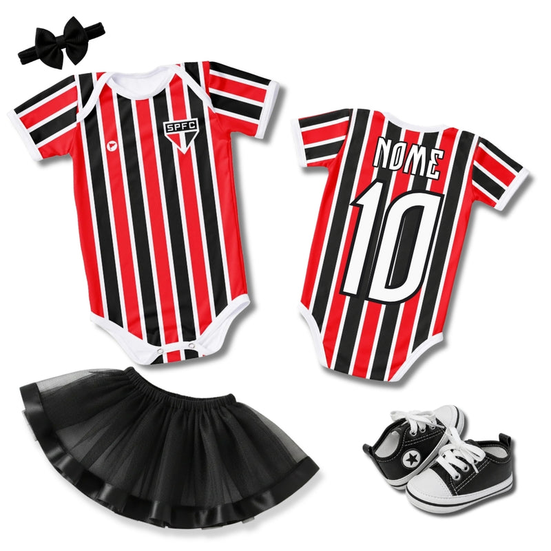 Kit Luxo Body Bebê Oficial Proteção UV Listrado São Paulo Menina – Saia, Tênis e Laço