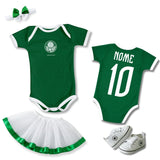 Kit Luxo Body Bebê Verde Palmeiras Menina – Saia, Tênis e Laço
