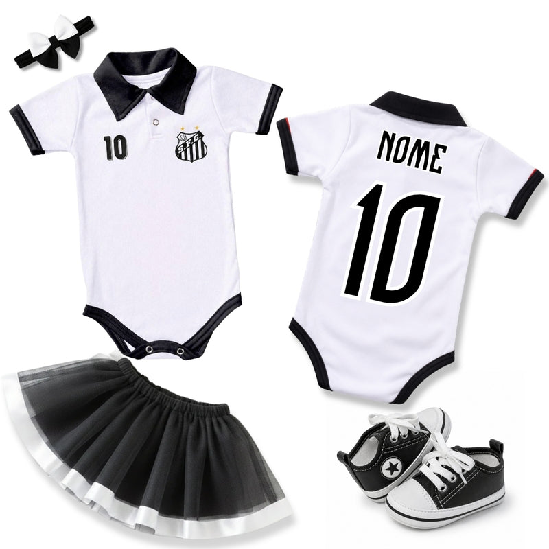 Kit Luxo Body Bebê Polo Santos Menina – Saia, Tênis e Laço