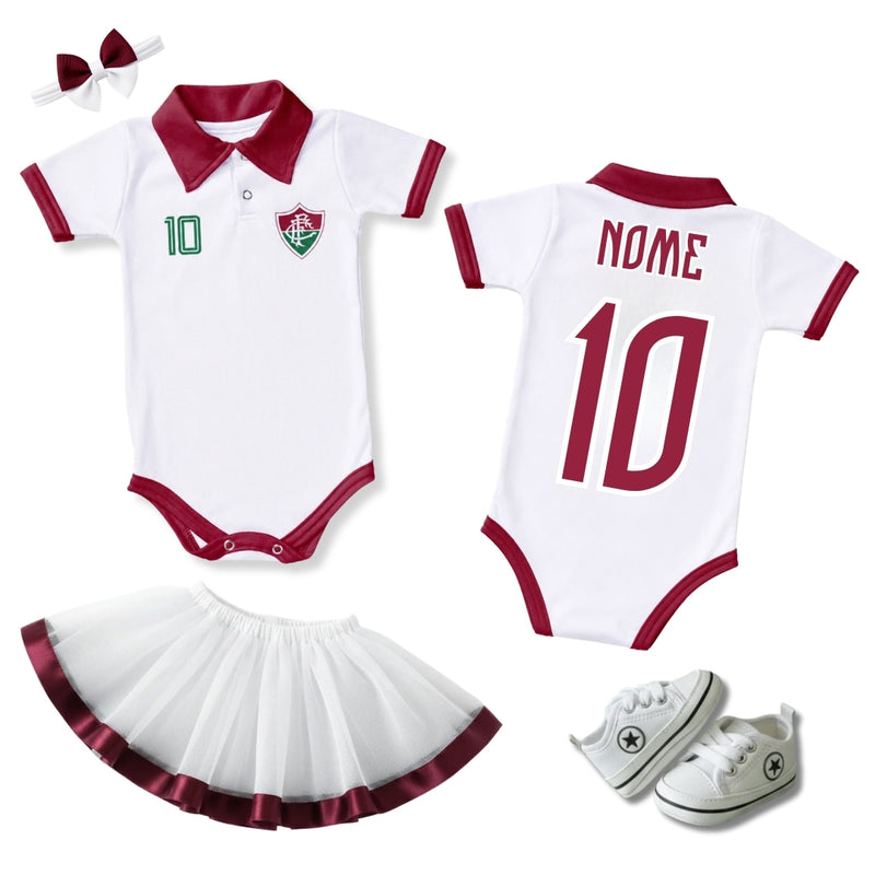 Kit Luxo Body Bebê Polo Fluminense Menina – Saia, Tênis e Laço