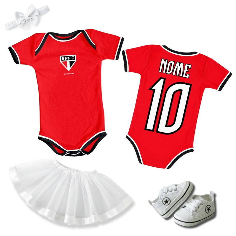 Kit Luxo Body Bebê Vermelho Oficial São Paulo Menina – Saia, Tênis e Laço