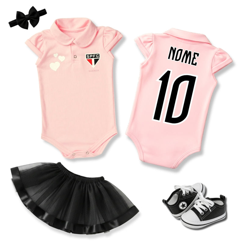 Kit Luxo Body Bebê Rosa Oficial São Paulo Menina – Saia, Tênis e Laço