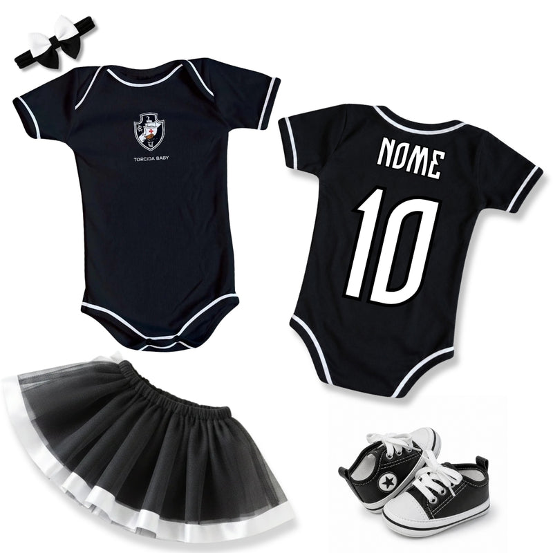 Kit Luxo Body Preto Vasco Com Tênis, Shorts/Calça e Laço