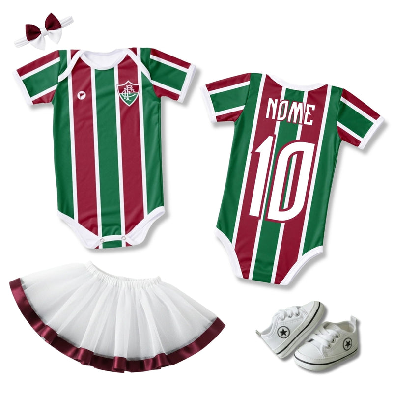 Kit Luxo Body Bebê Oficial Proteção UV Listrado Fluminense Menina – Saia, Tênis e Laço