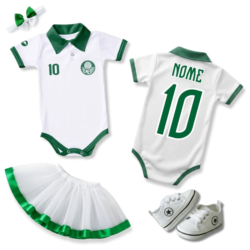 Kit Luxo Body Bebê Oficial Polo Palmeiras Menina – Saia, Tênis e Laço