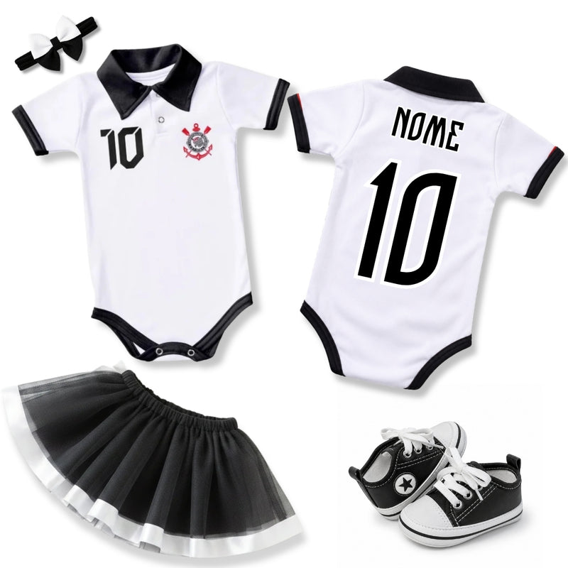 Kit Luxo Body Bebê Polo Corinthians Menina – Saia, Tênis e Laço