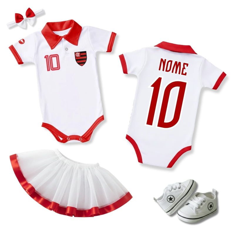 Kit Luxo Body Bebê Polo Flamengo Menina – Saia, Tênis e Laço