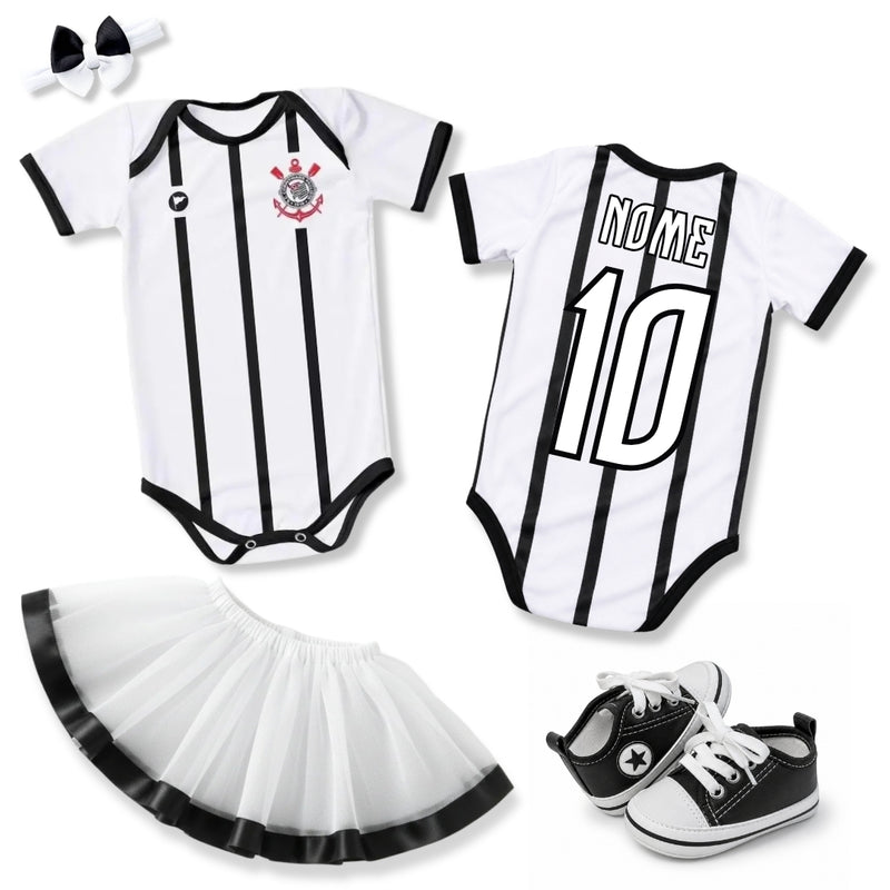 Kit Luxo Body Bebê Oficial Proteção UV Listrado Corinthians Menina – Saia, Tênis e Laço