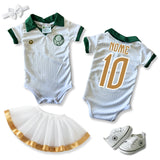 Kit Luxo Body Bebê Oficial Proteção UV Branco e Verde Palmeiras Menina – Saia, Tênis e Laço