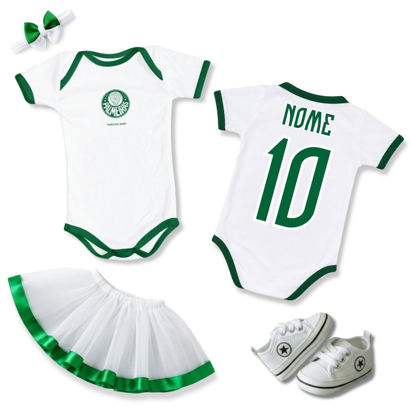 Kit Luxo Body Bebê Branco Palmeiras Menina – Saia, Tênis e Laço