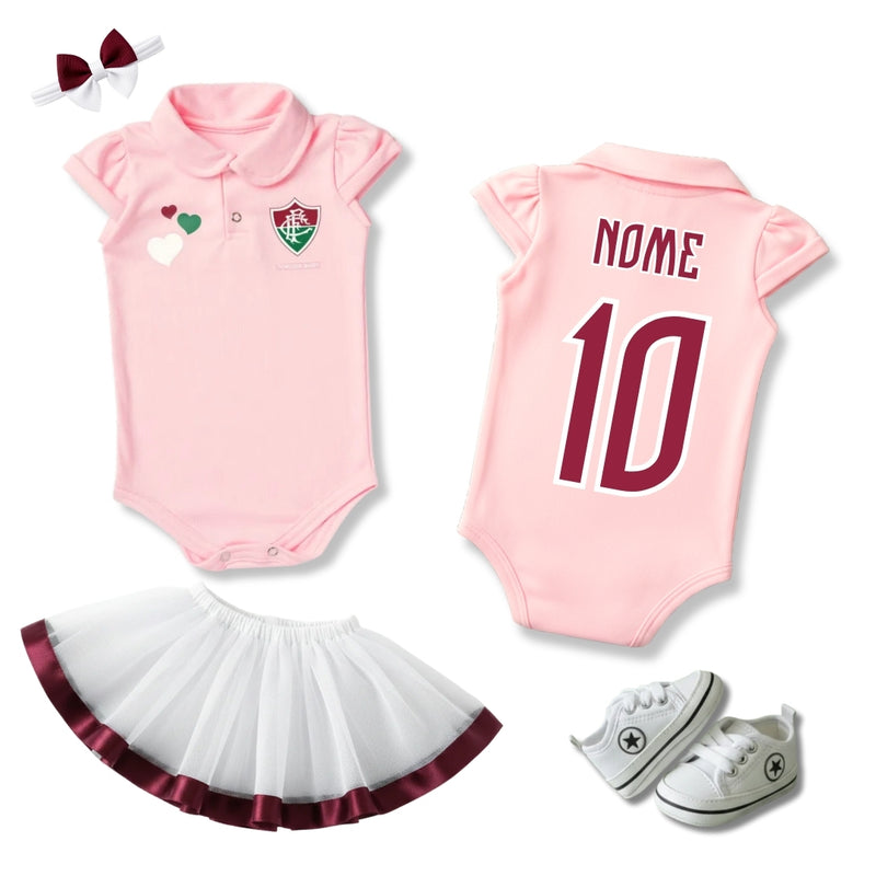Kit Luxo Body Bebê Rosa Fluminense Menina – Saia, Tênis e Laço