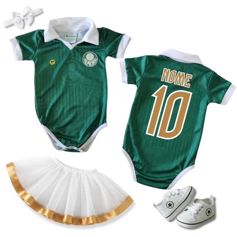 Kit Luxo Body Bebê Oficial Proteção UV Verde Palmeiras Menina – Saia, Tênis e Laço