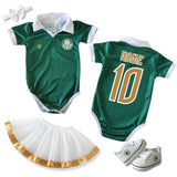 Kit Luxo Body Bebê Oficial Proteção UV Verde Palmeiras Menina – Saia, Tênis e Laço